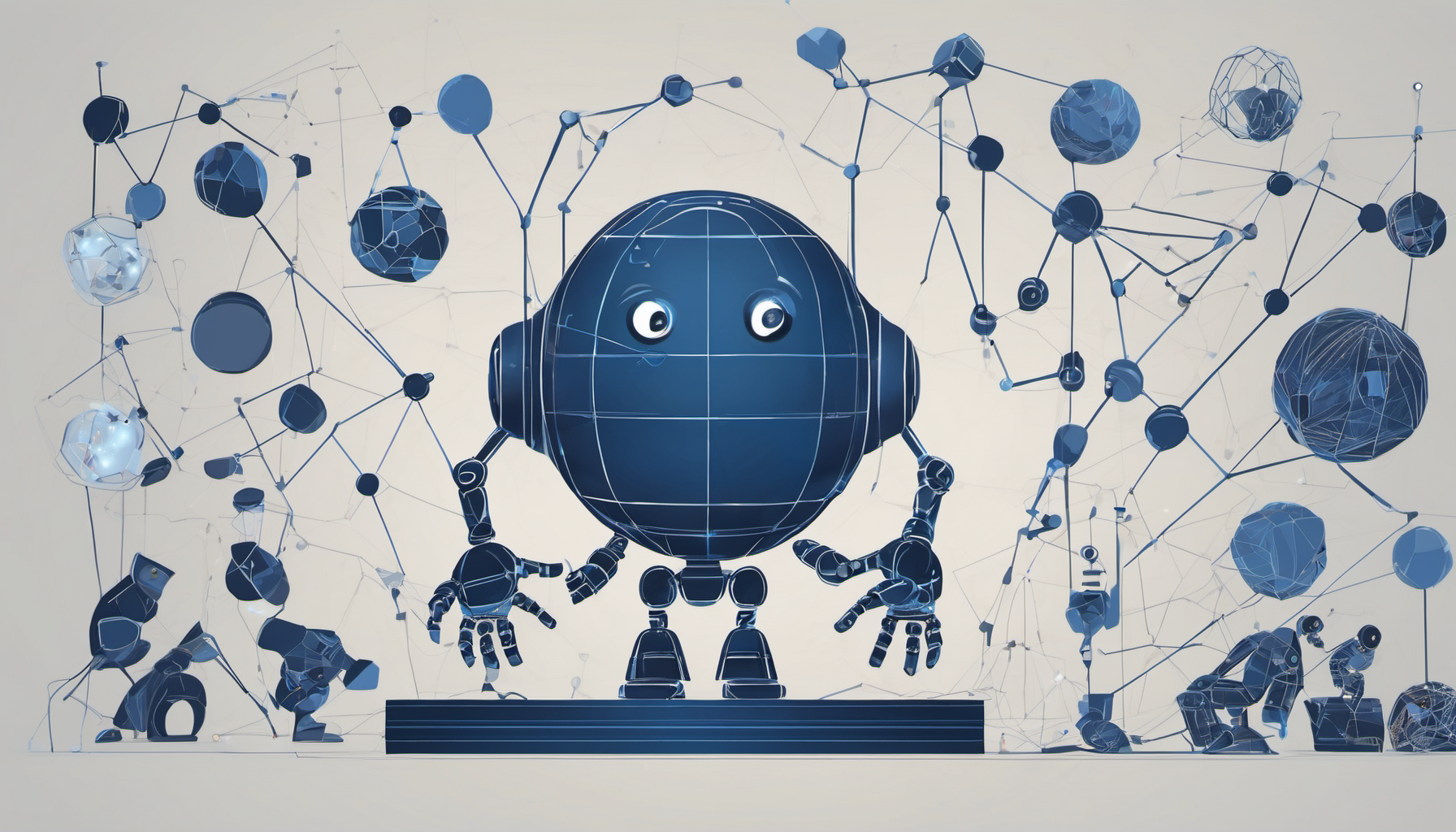 Dark background professional scientific illustration of a small robot or child-like figure interacting with different objects (e.g., a ball, a block, a cup) on a table, with lines connecting the objec