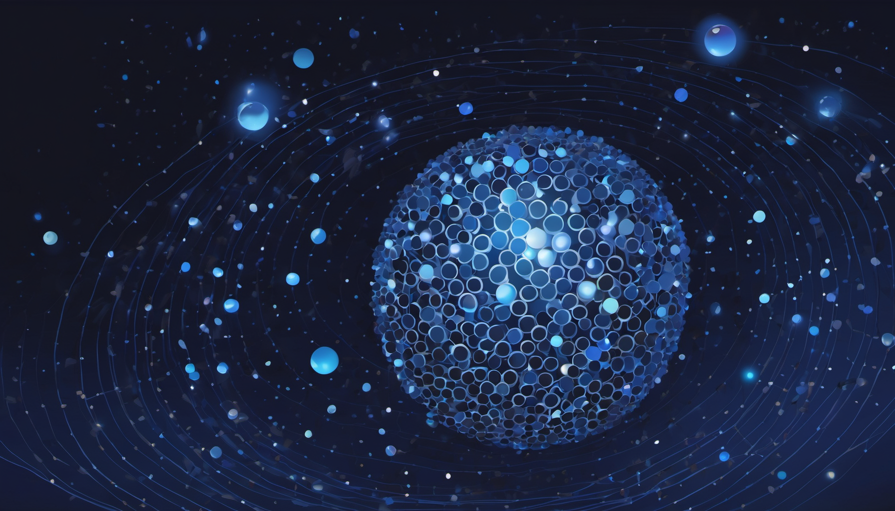 Dark background professional scientific illustration of a central glowing sphere representing a 