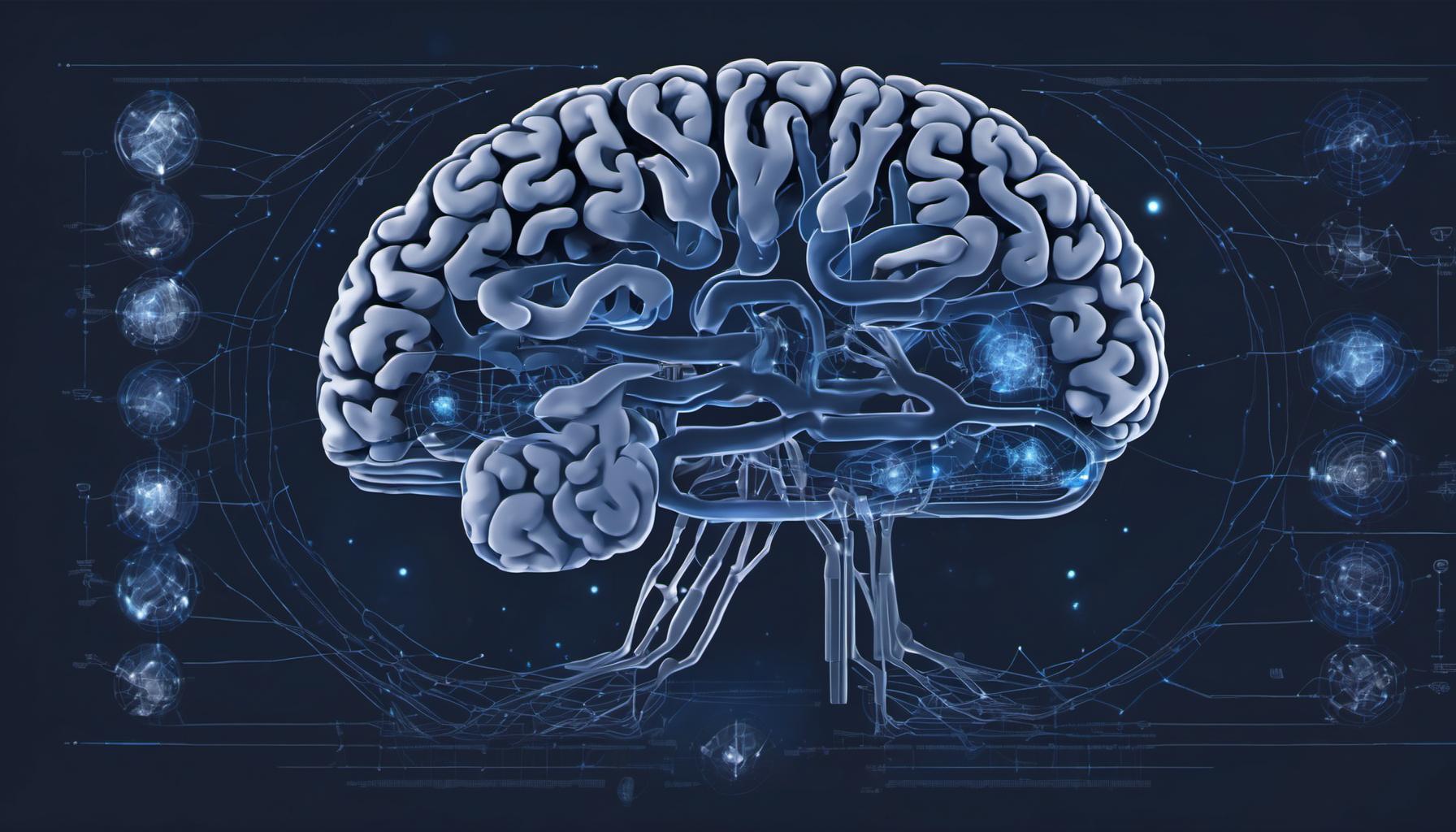Dark background professional scientific illustration of a brain connected to eyes, ears, and hands, with sensory data from these modalities converging to form a unified, abstract symbol. No text, no l