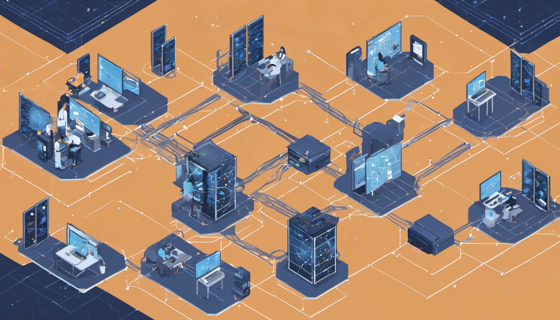 Dark background professional scientific illustration depicting a federated-autonomous deep learning network. Multiple distributed nodes (represented as secure data centers or smart devices) are shown.