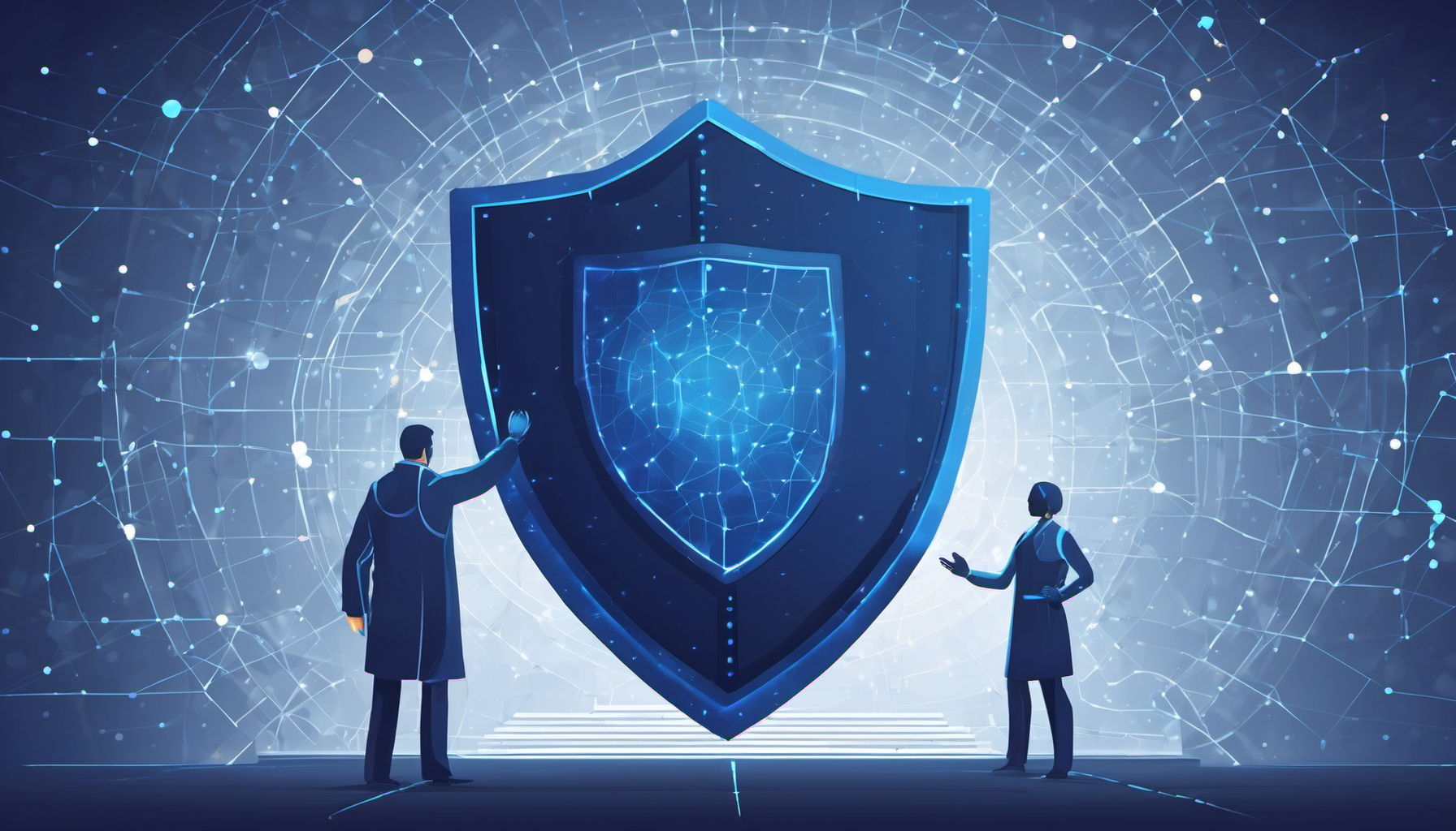 Dark background professional scientific illustration of data privacy. A stylized, glowing shield or a locked vault icon protects a cluster of abstract data points or a human silhouette. AI processing 