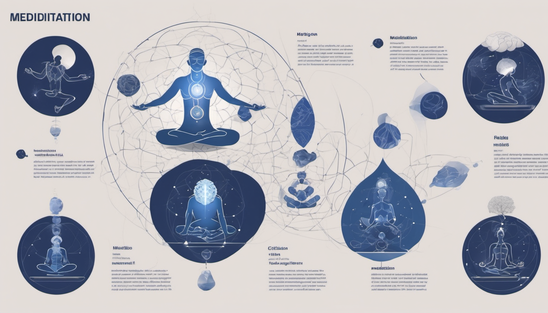 Timeline infographic showing meditation session structure - rest, focused attention meditation, recovery phases with brain state transitions