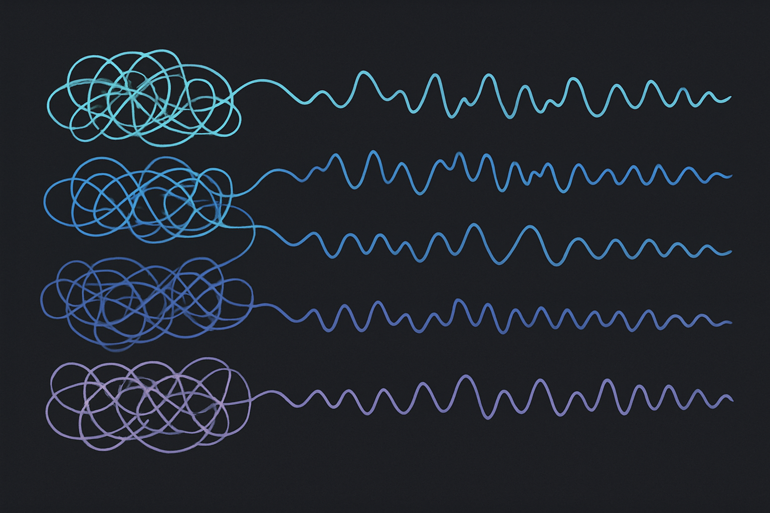 Conceptual illustration of several tangled, differently-colored EEG waveform lines from different people gradually untangling and aligning into a single clean shared 'meaning' pattern