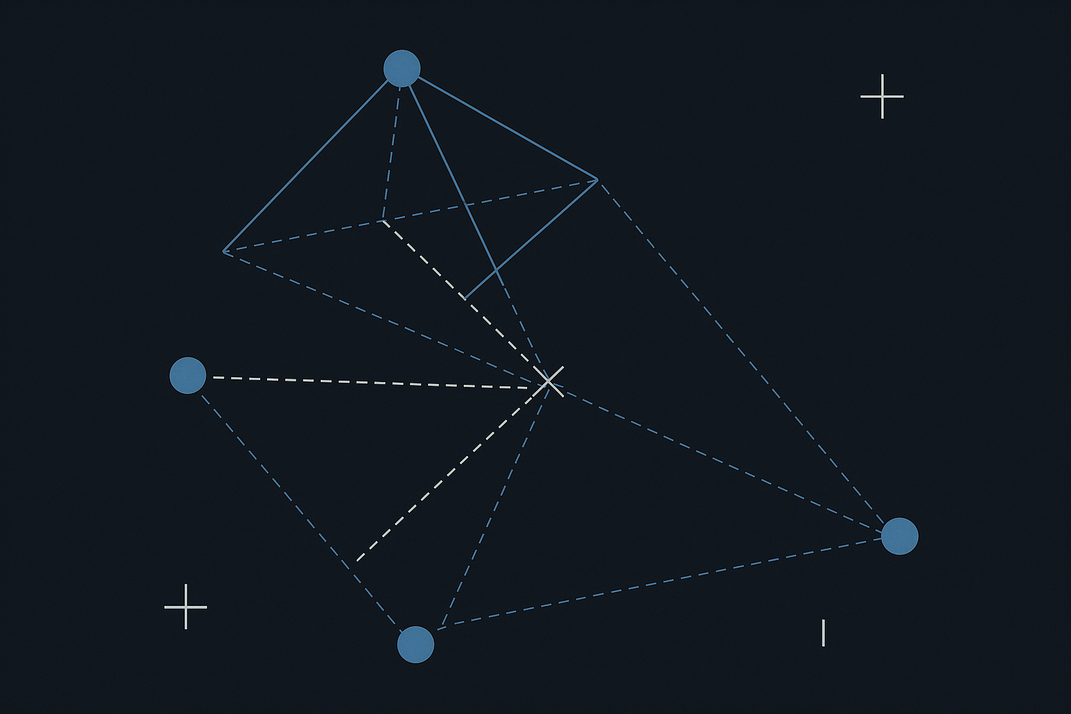 A geometric diagram showing distance lines between several sensor points reconstructing their 3D positions in space, technical blueprint aesthetic, blue and white tones
