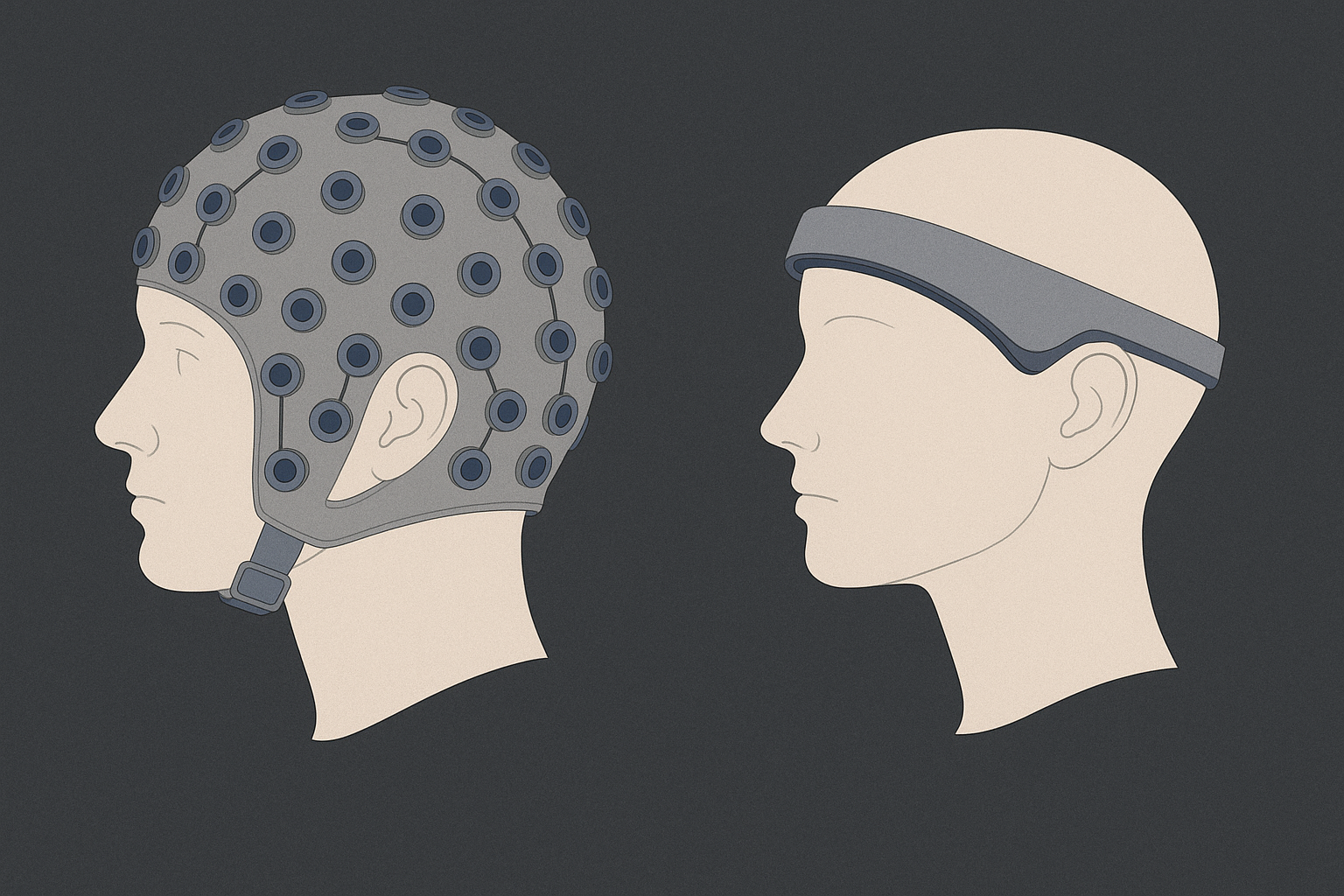 A calm comparative illustration of a precise multi-channel clinical EEG cap with many electrodes in a hospital setting next to a slim everyday consumer EEG wearable headband, showing their different r