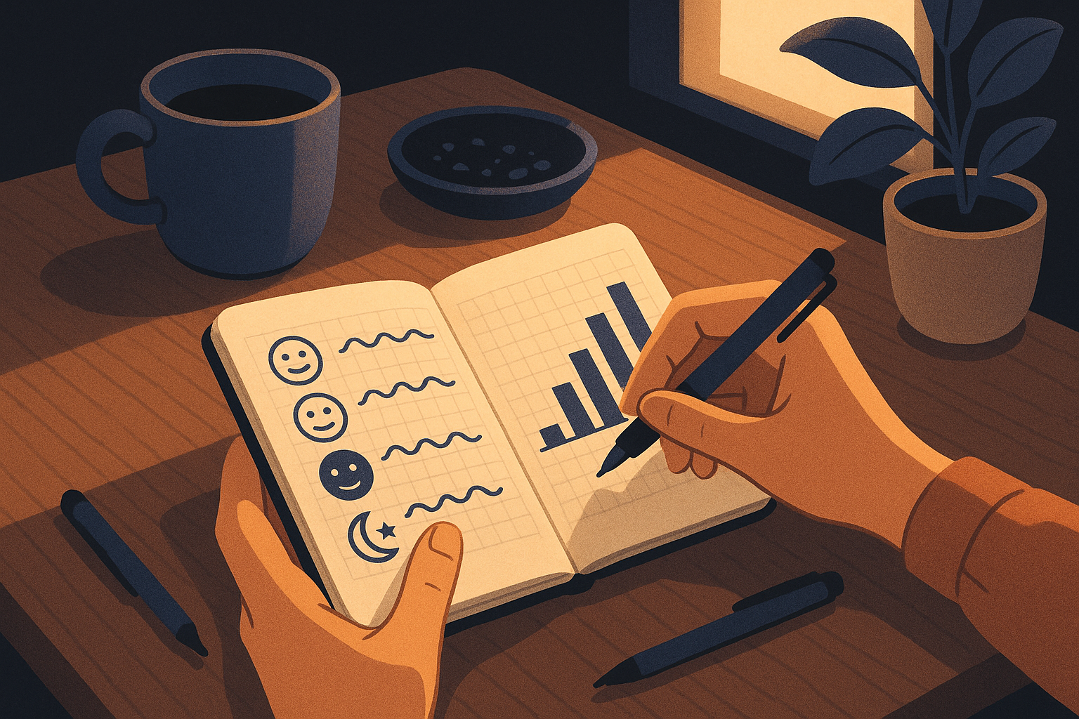 A warm cozy scene of a person handwriting their daily condition signals in a small notebook, discovering personal patterns, gentle morning light, calming lifestyle illustration