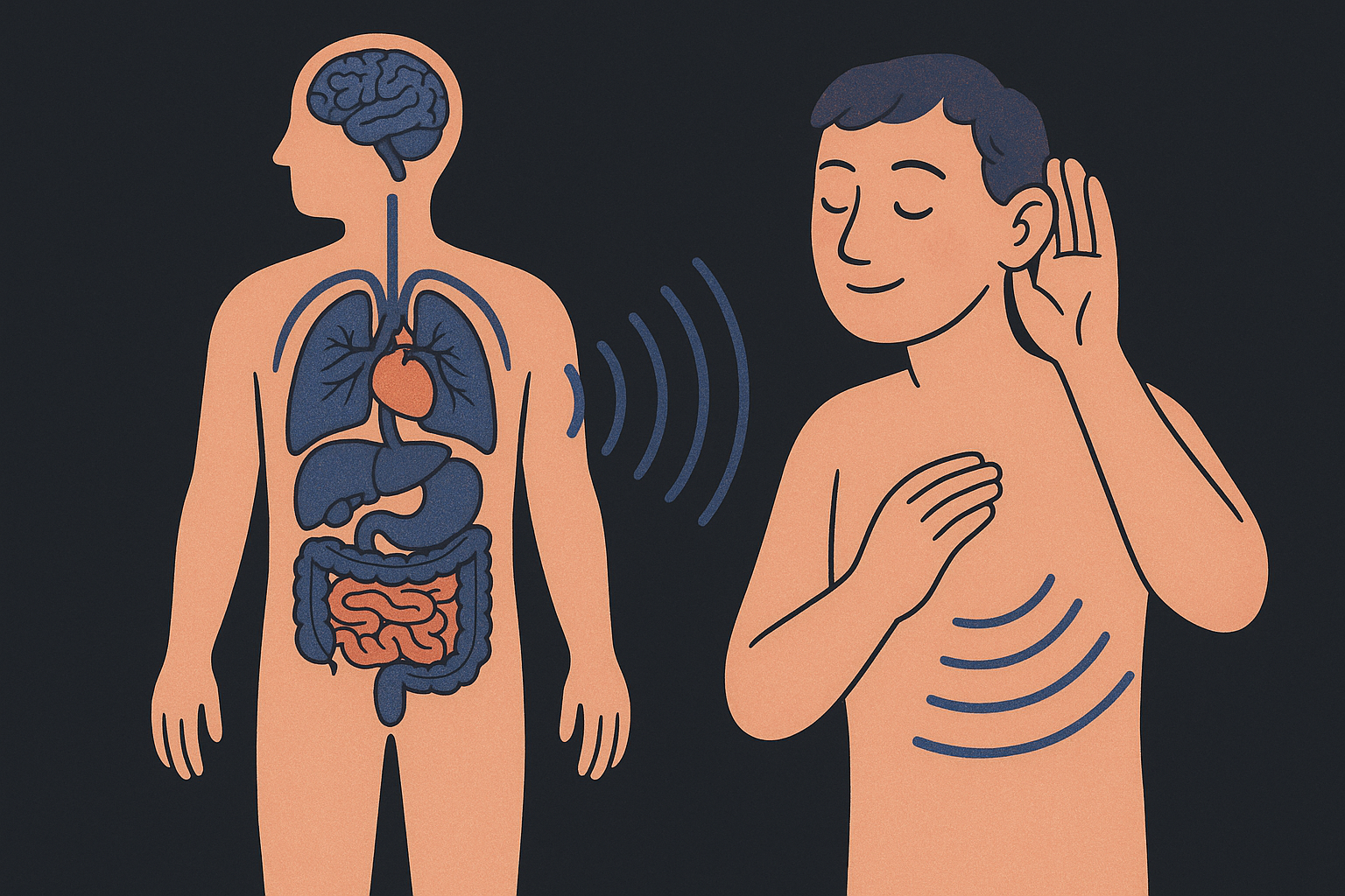 A friendly illustration of the human body emitting small subtle signal waves, with a person attentively listening, conveying self-awareness and gentle health monitoring, soft warm colors