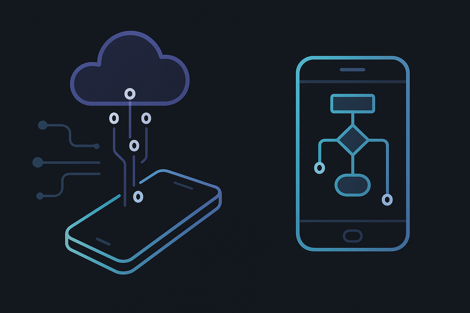 Side-by-side comparison illustration of cloud-based data processing versus on-device processing, with data staying inside a small device, clean infographic style, blue and teal palette