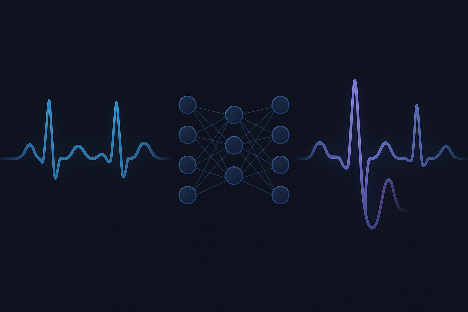 An autoencoder neural network that has learned normal heartbeat patterns detecting a subtle anomaly, abstract flowing ECG waveform illustration, soft gradients, scientific yet friendly
