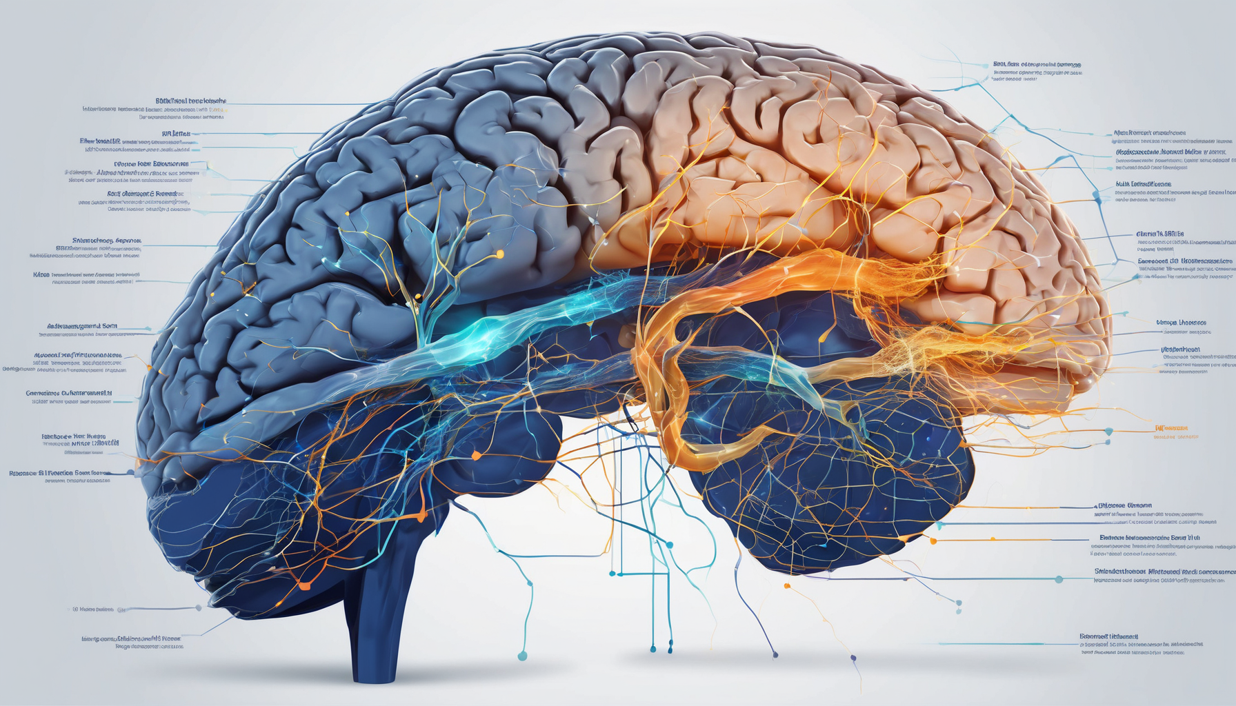 Scientific infographic showing human brain with different regions highlighted in colors: alpha waves blue, beta waves orange, theta waves green. Clean dark background with glowing neural connections. 