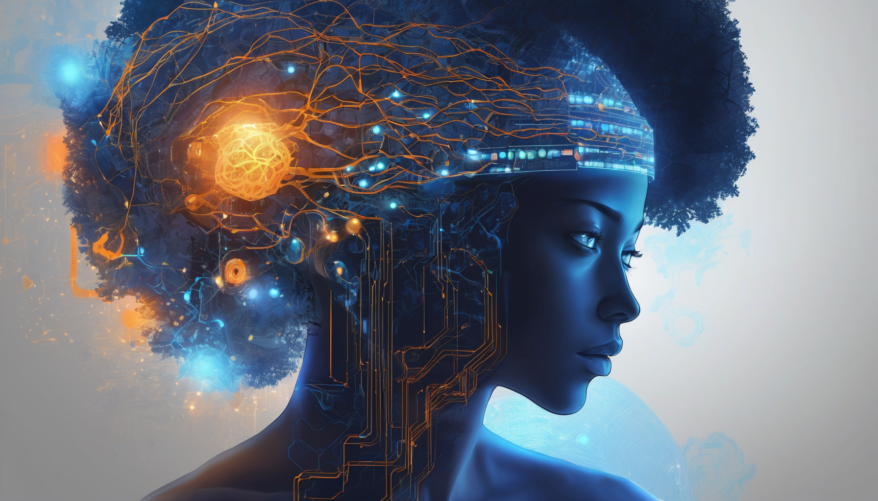A futuristic and vibrant illustration showing a human brain integrated with digital circuits and EEG waveforms. On one side, a student wearing a sleek EEG headband is studying with a holographic interface displaying adaptive learning algorithms. The background features a blend of neural networks and educational symbols, with a color palette of deep blues, bright cyans, and warm oranges to represent the fusion of biology and technology.