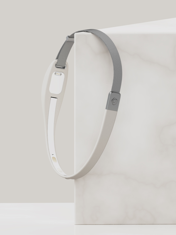 Clean product illustration of a wearable device smoothly measuring EEG, PPG, and ACC signals near the wrist and head