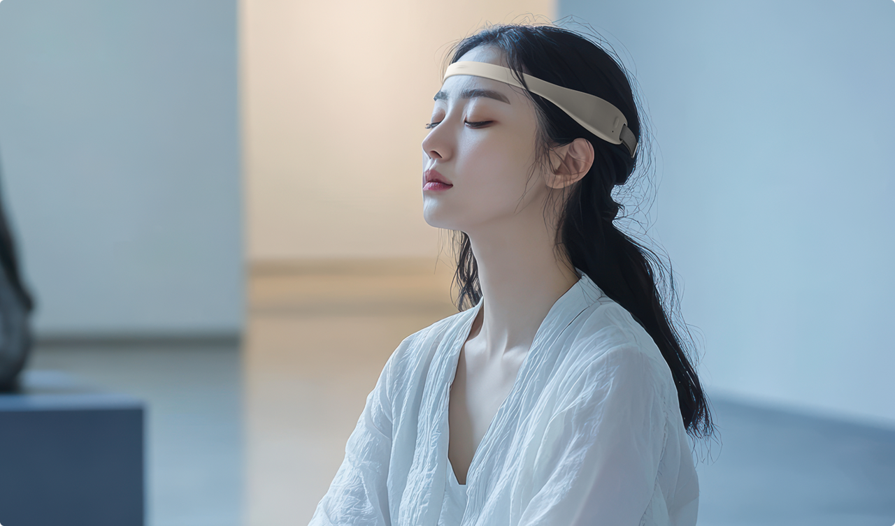person wearing a LINK BAND wearable comfortably reviewing their EEG data in daily life